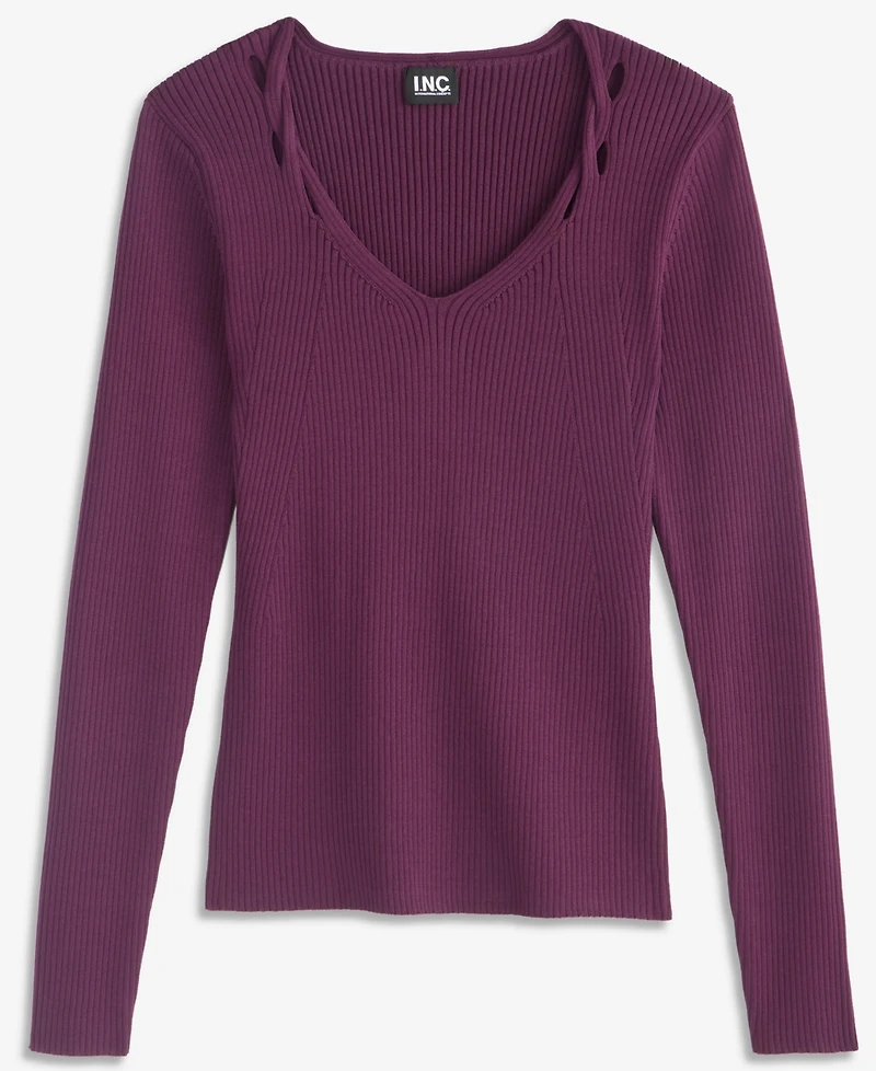 I.n.c. International Concepts Women's Long-Sleeve V-Neck Cutout-Trim Sweater, Macy's Exclusive