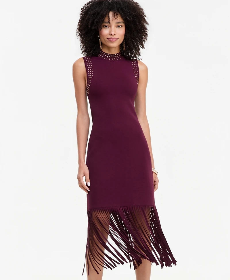 I.n.c. International Concepts Women's Sleeveless Midi Fringe-Trim Sweater Dress, Macy's Exclusive
