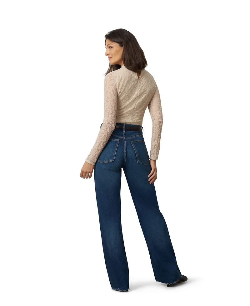 Cable & Gauge Women's Lace Knit Funnel Neck Shirred Top