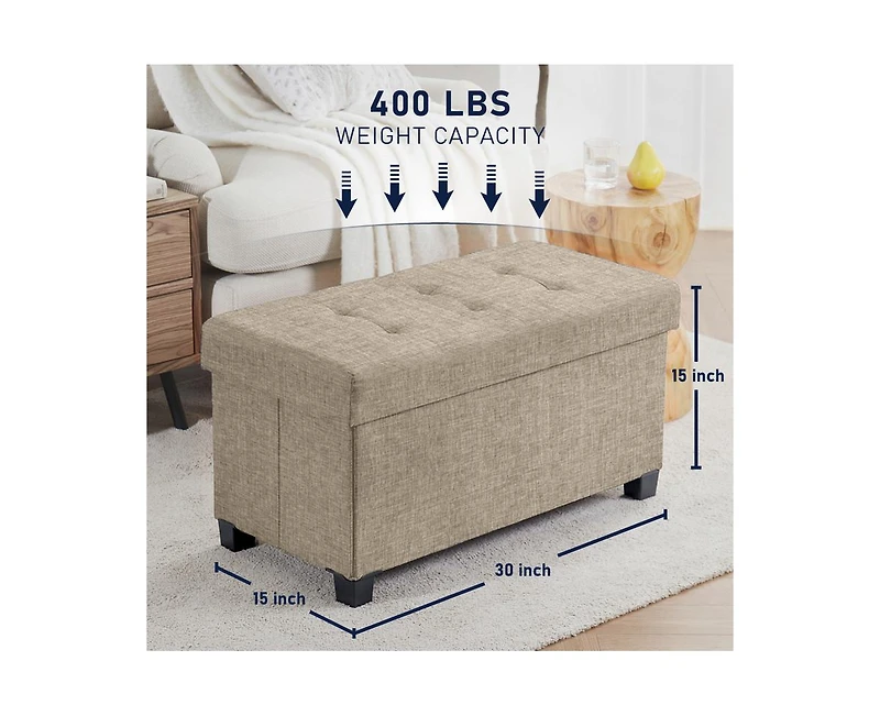 Ornavo Home Foldable Tufted 30 Inch Linen Bench Storage Ottoman with Legs