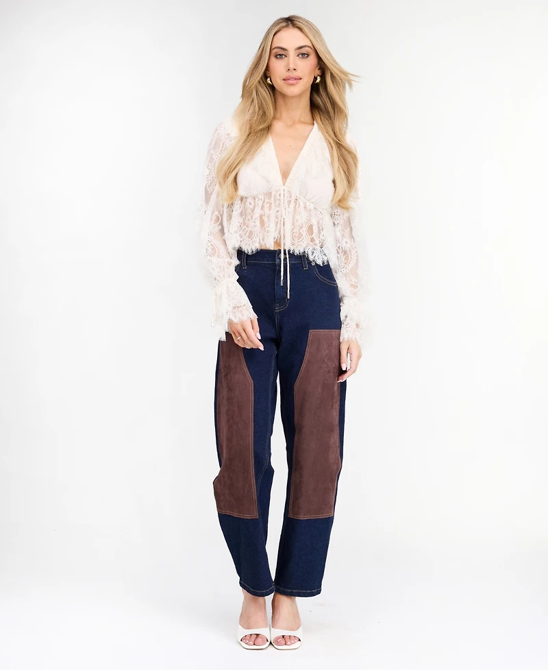 Kittenish Women's Mila Eyelash Lace Long-Sleeve V-Neck Blouse