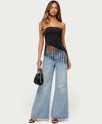 Edikted Womens Sarika Asymmetric Fringe Strapless Top