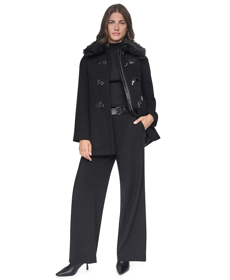 Dkny Women's Faux-Fur Collared Wool-Blend Mid-Length Coat
