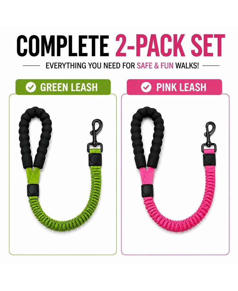 ProMounts 2-Pack Shock Absorbing Bungee Dog Leash Set - Heavy Duty Foam Handle, Elastic Leashes with Metal Swivel Clip, Pink and Green Included