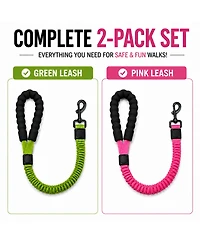 ProMounts 2-Pack Shock Absorbing Bungee Dog Leash Set - Heavy Duty Foam Handle, Elastic Leashes with Metal Swivel Clip, Pink and Green Included