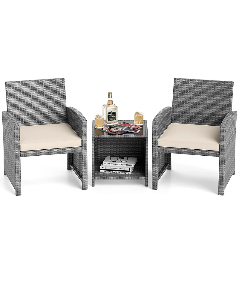 Gouun 3-Piece Patio Wicker Chair and Coffee Table Set with Cushions
