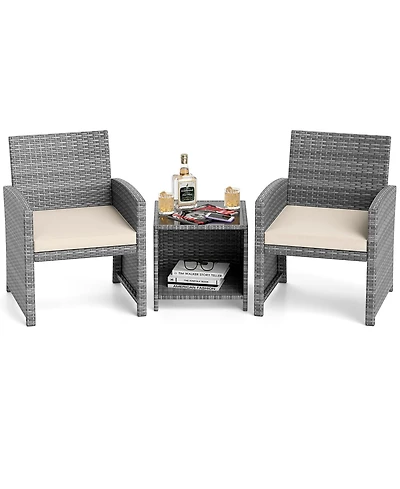 Gouun 3-Piece Patio Wicker Chair and Coffee Table Set with Cushions