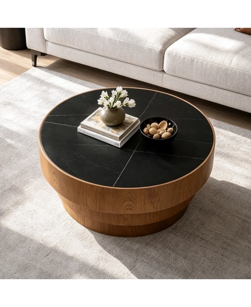 Clihome 31.5" Round Coffee Table with Sintered Stone Top - Mdf Wood Veneer Tiered Base, Modern Low Profile for Living
