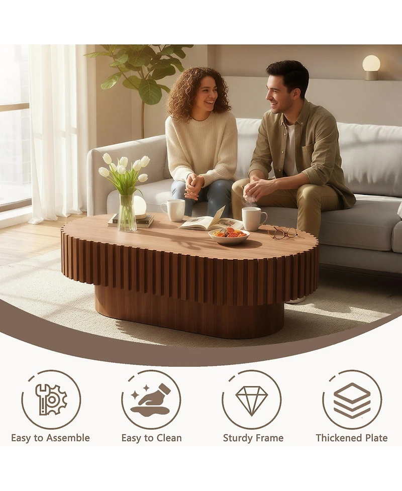 Clihome Oval Coffee Table,Mid Century Modern Fluted Table with Pedestal, Classic Wood