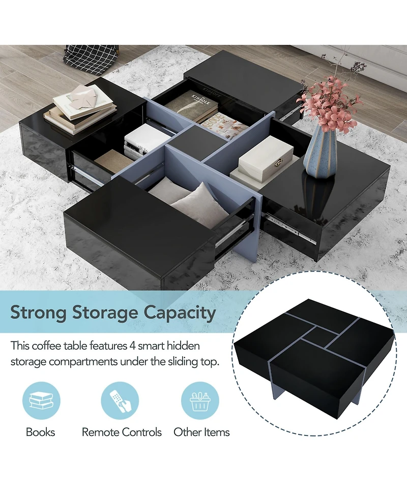 Clihome On-trend Unique Design Coffee Table with 4 Hidden Storage Compartments, Square Cocktail Extendable Sliding Tabletop,31.5"x 31.5"