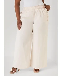 Ashley Stewart Women's Wide-Leg Pull-On Button-Detailed Cotton-Blend Pants