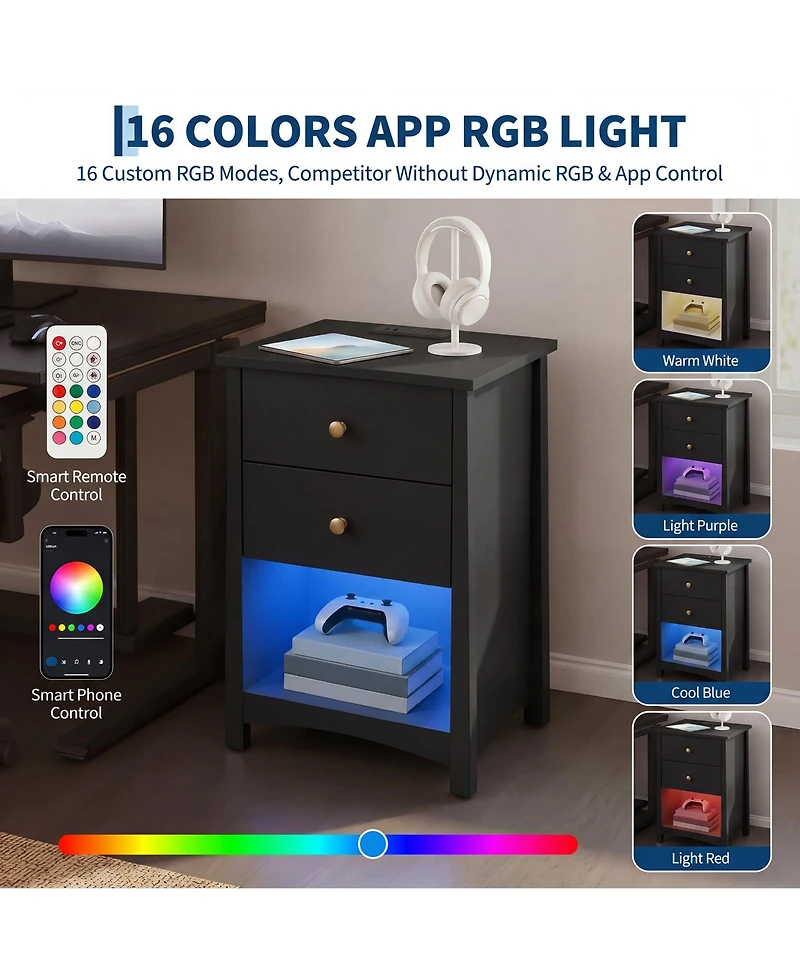 homfan Nightstand with Power Outlets | Open Storage and Led Light Strip, Modern Mid Century Bed Side Table 2 Drawers,