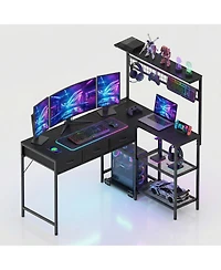 homfan L-Shaped Computer Desk with Power Outlets and Led Lights - 3-Tier Storage Shelves, Drawer, Reversible Wooden Workstation
