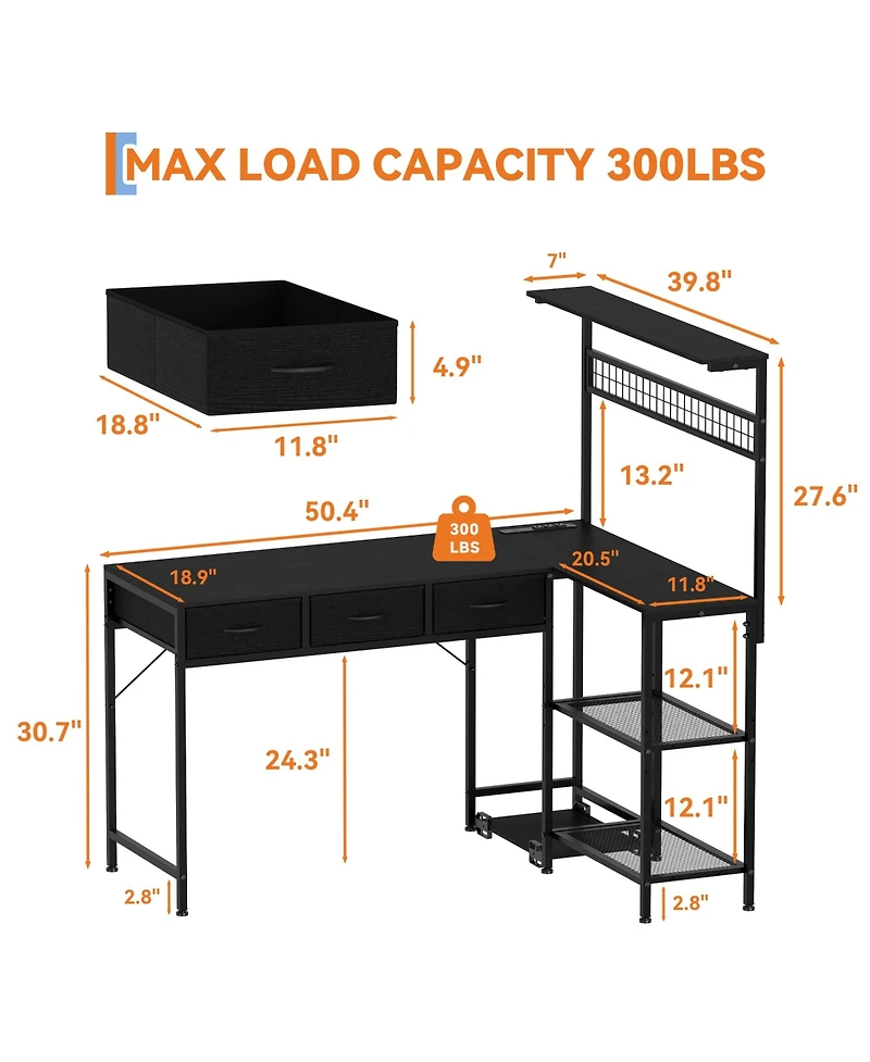 homfan L-Shaped Computer Desk with Power Outlets and Led Lights - 3-Tier Storage Shelves, Drawer, Reversible Wooden Workstation