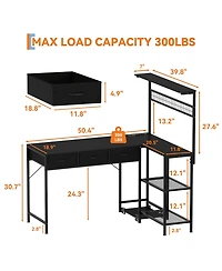 homfan L-Shaped Computer Desk with Power Outlets and Led Lights - 3-Tier Storage Shelves, Drawer, Reversible Wooden Workstation