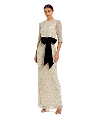 Mac Duggal Women's Embellished Mesh Column Gown with Velvet Bow