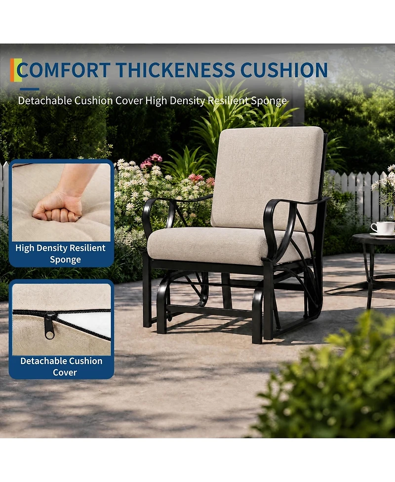 homfan Porch Glider with Removable Cushion, Outdoor Glider Rocking Chair with Heavy-Duty Metal Frame, Curved Armrests for Patio