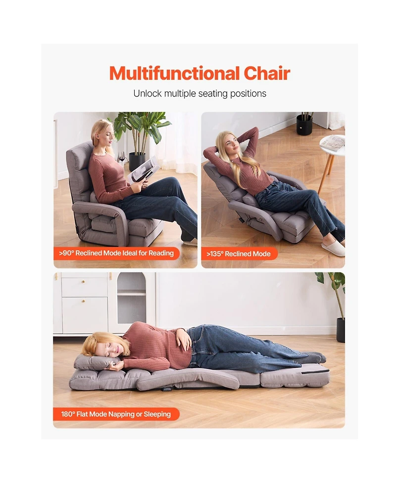 Sugift 2-in-1 Folding Floor Chair Bed with 5 Adjustable Positions Back Support Armrests for Adults