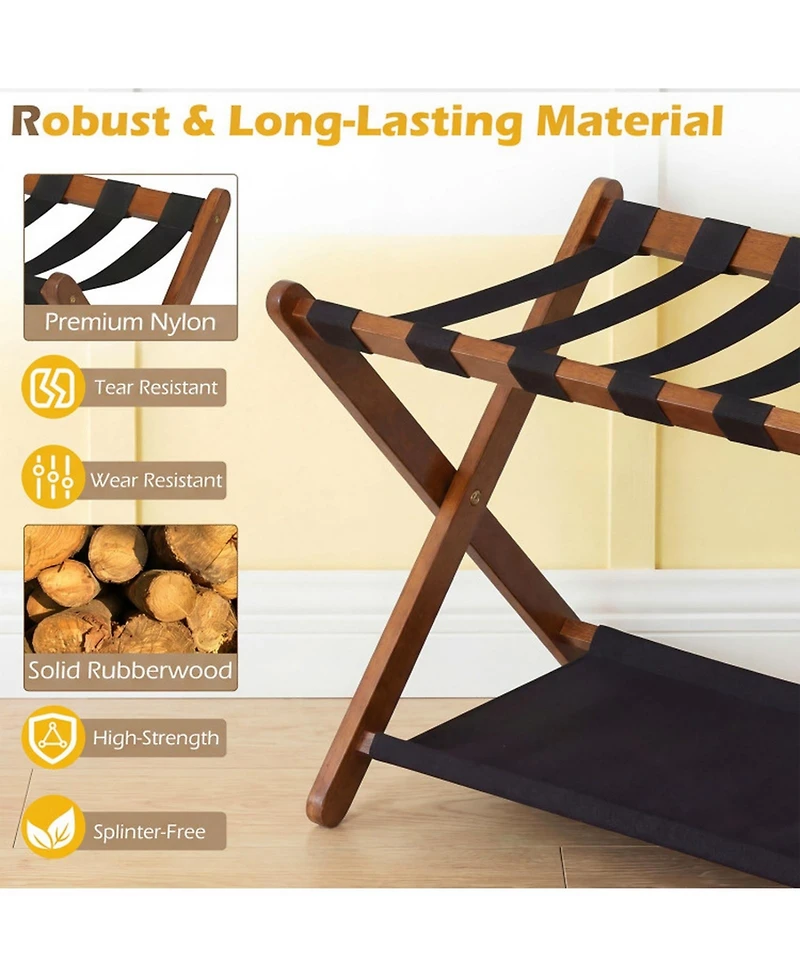 Sugift Solid Rubberwood Folding Luggage Rack with Nylon Shelves