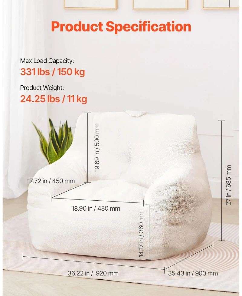 Sugift 3 Feet Bean Bag Chair with Soft Armrests Storage Pocket 25D Memory Foam Teddy Velvet Cover