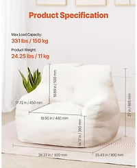 Sugift 3 Feet Bean Bag Chair with Soft Armrests Storage Pocket 25D Memory Foam Teddy Velvet Cover