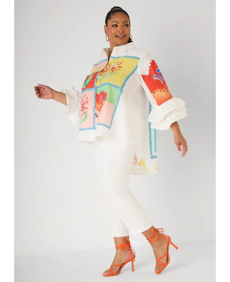 Ashley Stewart Plus Amore Long-Sleeve Ruffled Hi-Low Shirt