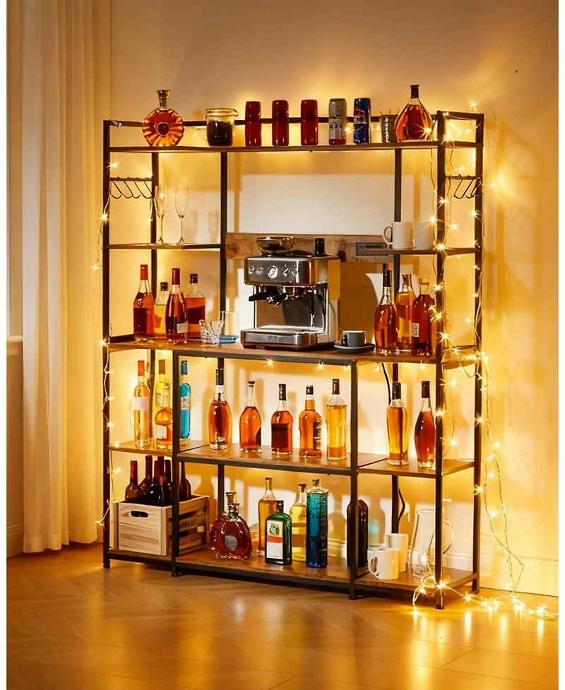 homfan 4-Tier Industrial Baker's Rack with Power Outlet, 6 Hooks and Wire Basket, Adjustable Feet