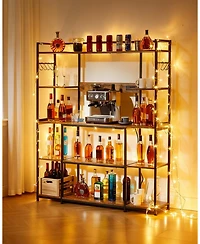 homfan 4-Tier Industrial Baker's Rack with Power Outlet, 6 Hooks and Wire Basket, Adjustable Feet
