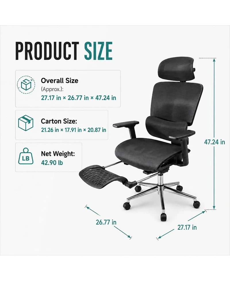 gaomon Fabric Ergonomic Office Chair with Footrest, Adjustable Height and Arms, Split Back, Manual Recline, Home Computer Chair for Adults