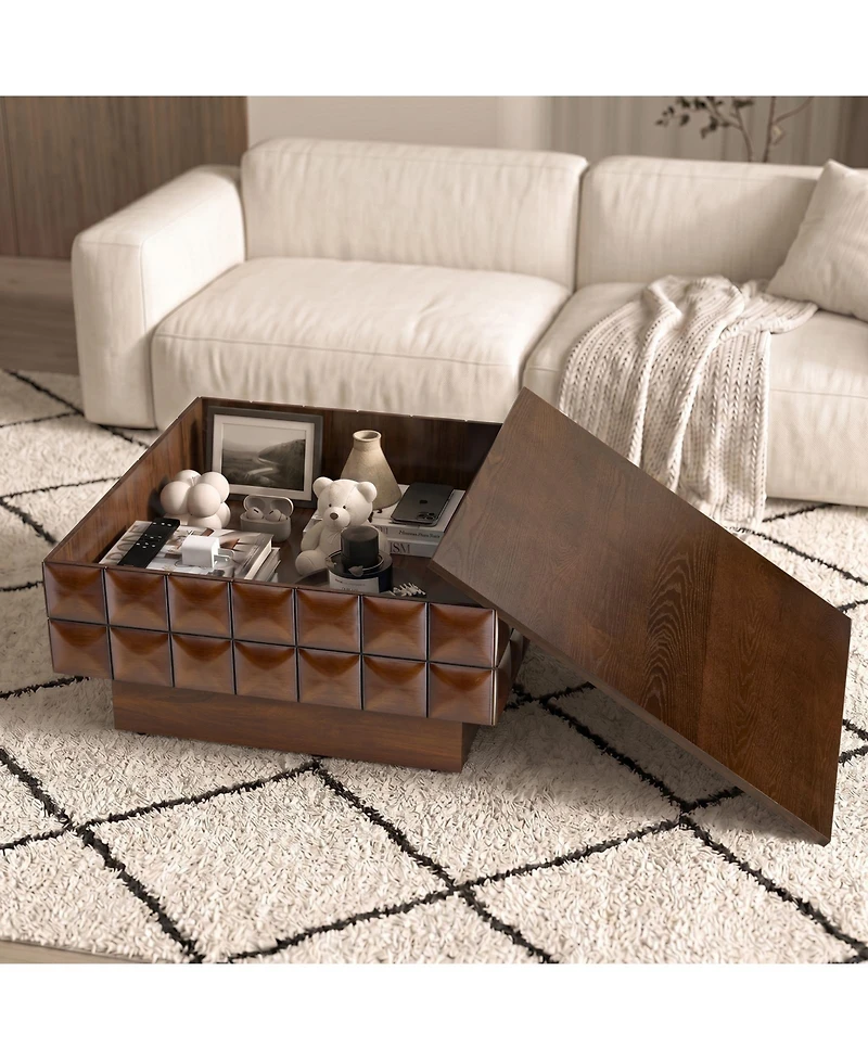 flynama 32.7" Square Walnut Coffee Table with 3D Cube Texture