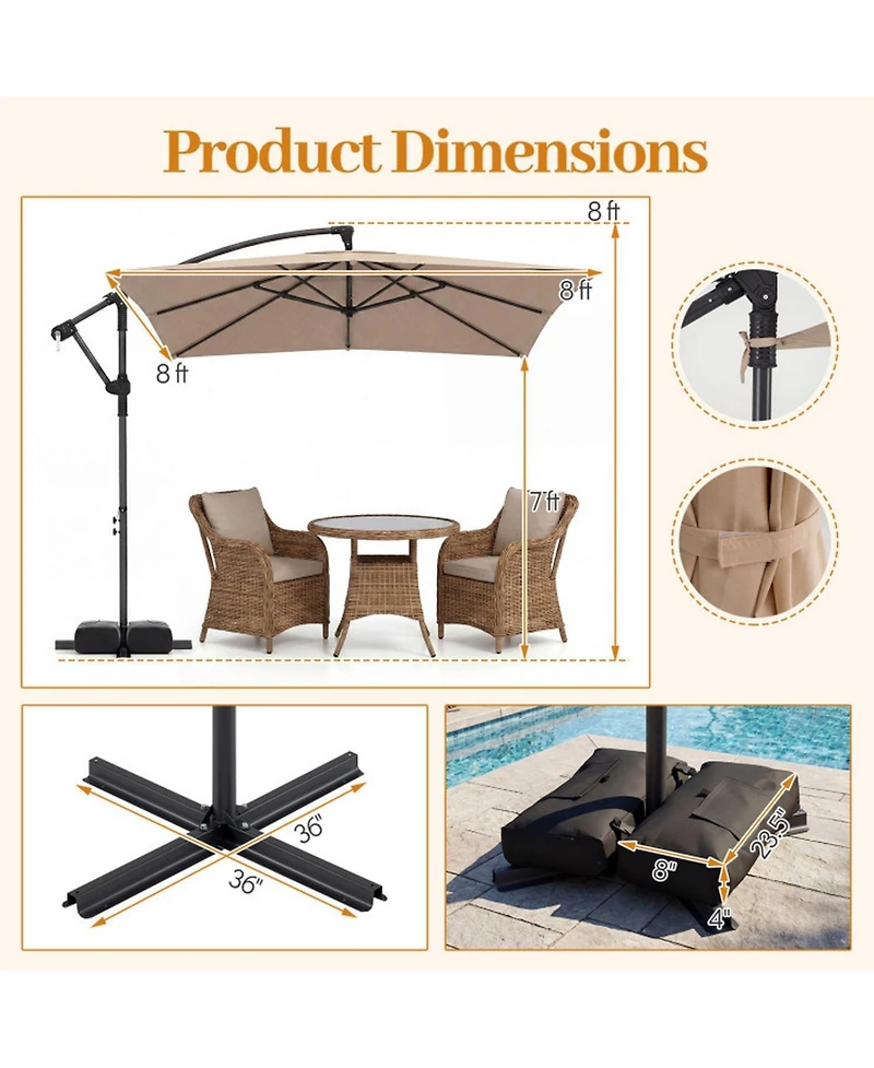Sugift 8 x 8 Feet Offset Cantilever Patio Umbrella Square Hanging Outdoor Market Umbrella with 360 Rotation