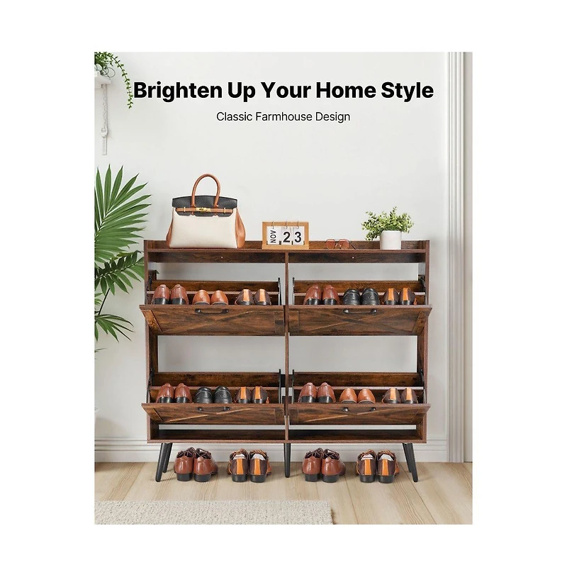 Slickblue Wooden Shoe Storage Cabinet with 4 Flip Drawers, Space-Saving Organizer for Home Entryway