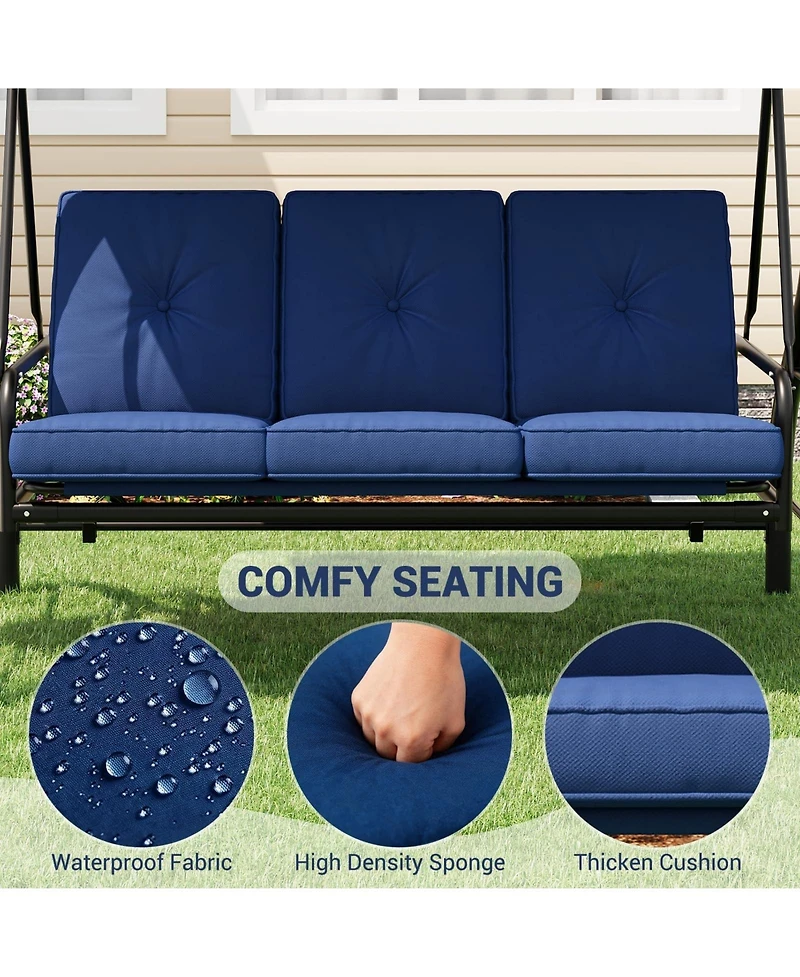 gaomon 3 Seat Outdoor Porch Swing Chair with Adjustable Canopy Convertible Swing Bed with Soft Cushions and Cup Holders