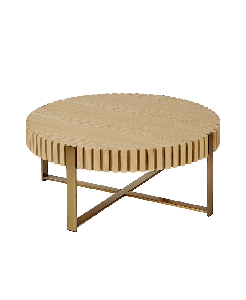 flynama 31.5" Round Drum Coffee Table Mdf Metal Pedestal Base Modern Natural Ash Accent Table