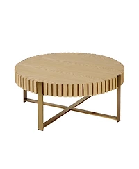 flynama 31.5" Round Drum Coffee Table Mdf Metal Pedestal Base Modern Natural Ash Accent Table