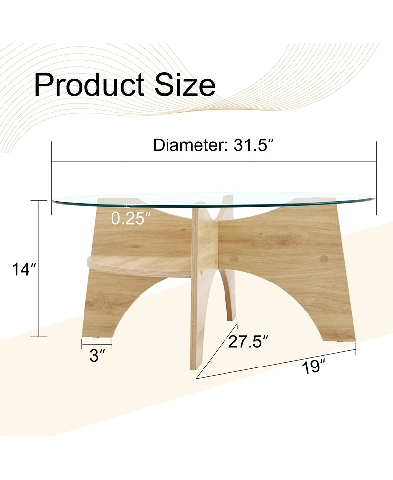 flynama 31.5 Inch Round Tempered Glass Coffee Table, Fan-Shaped Wood Grain Pedestal Table for Living Room and Office