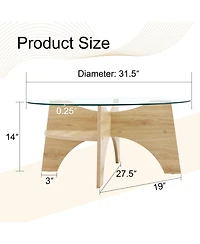 flynama 31.5 Inch Round Tempered Glass Coffee Table, Fan-Shaped Wood Grain Pedestal Table for Living Room and Office