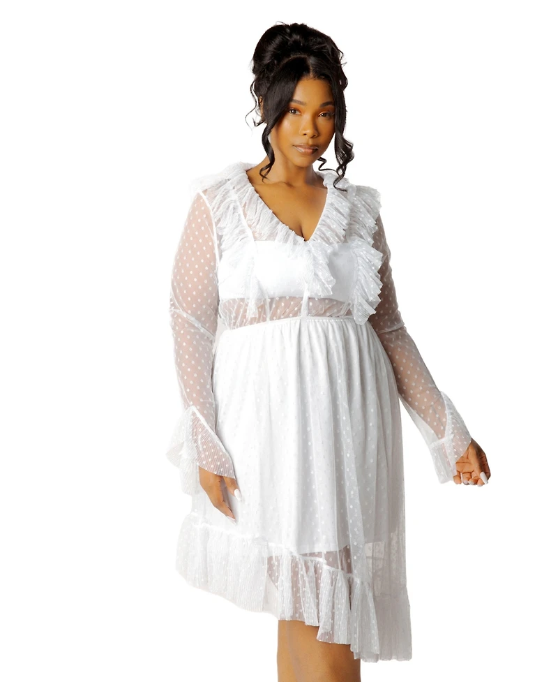 Buxom Couture Plus Asymmetrical Polka Dot Mesh Ruffle Dress