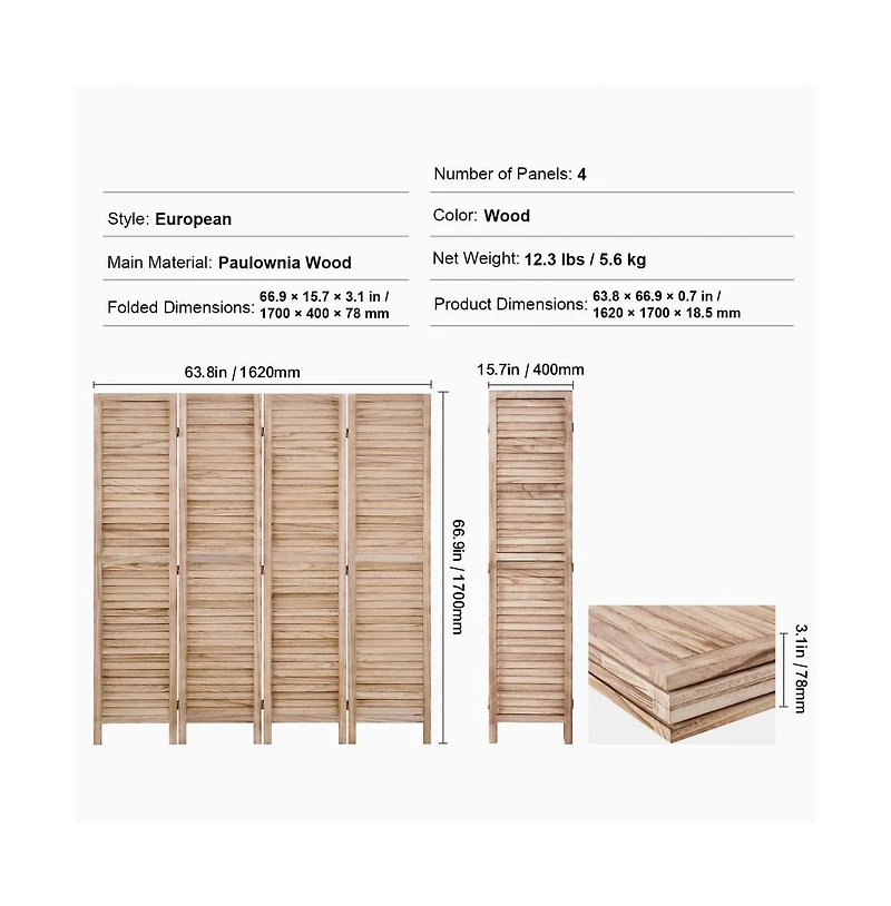 Slickblue Wooden Folding Room Divider, 4 Panel Privacy Screen, Tall Louvered Partition for Indoor Spaces-Burlywood