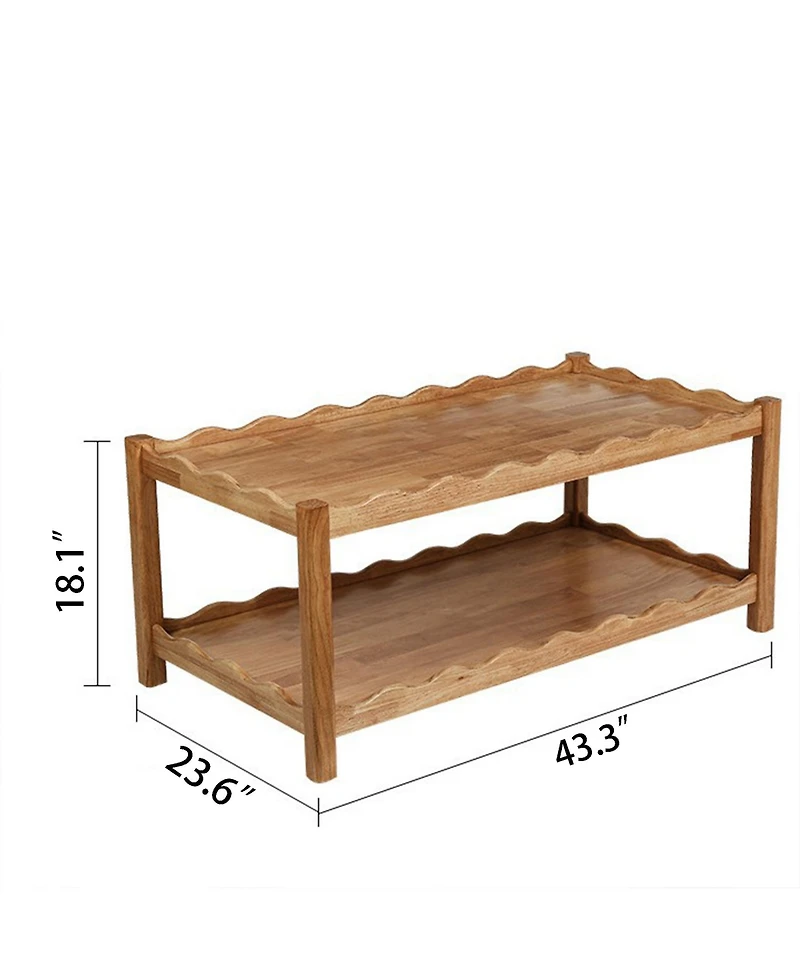 Flynama 2-Tier Rectangular Coffee Table Rubberwood Storage Shelf Modern Living Room Table