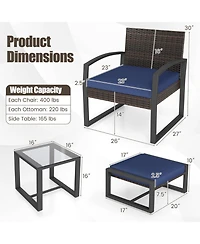 Gouun Patio Conversation Set with 2 Ottomans and Tempered Glass Table