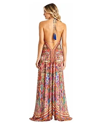 La Moda Clothing Women's Halter-Plunge High-Low Maxi Dress