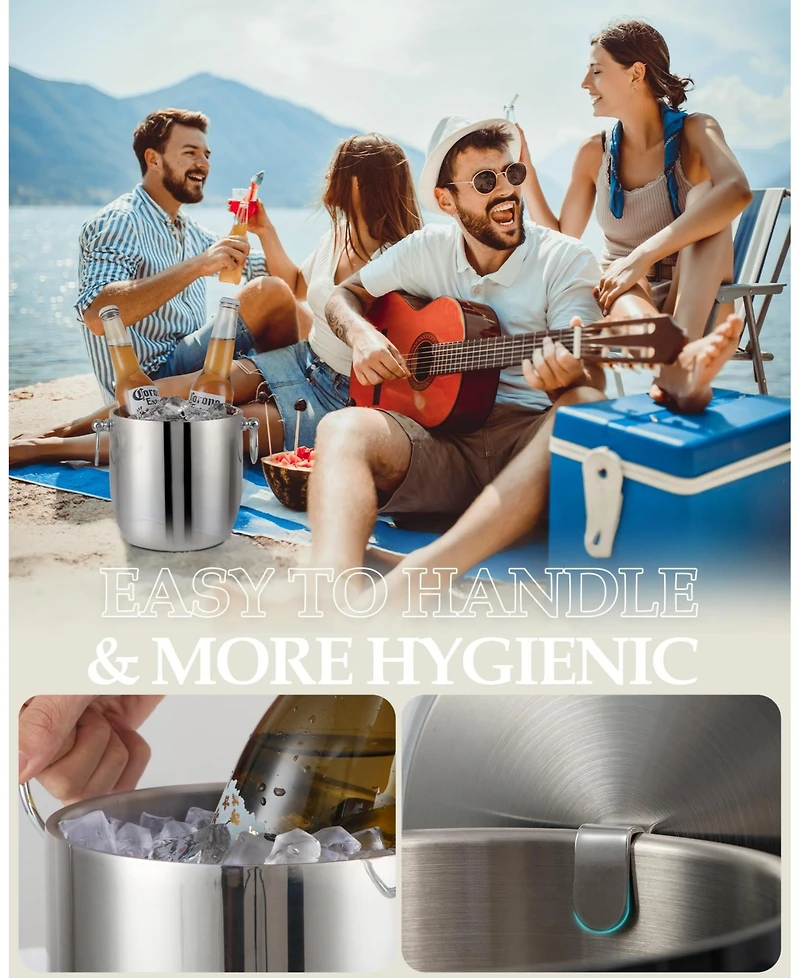 Piscifun 3L Double Wall Stainless Steel Insulated Ice Bucket With Lid Scoop Tongs Strainer For Parties Bars