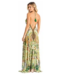 La Moda Clothing Women's Tropical Floral Halter-Plunge High-Low Maxi Dress
