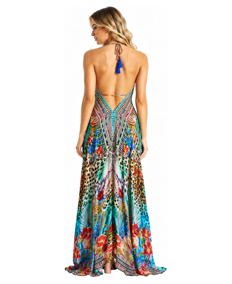 La Moda Clothing Women's Plunge Halter High-Low Maxi Dress