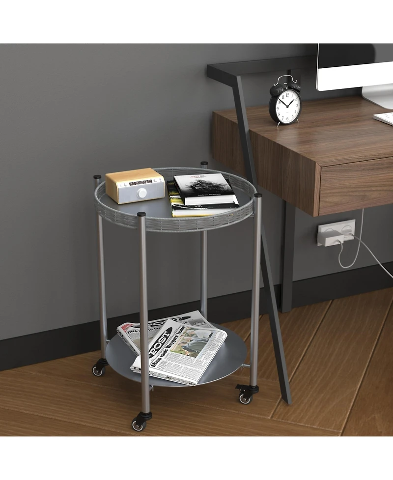 flynama 2-Tier Movable Round Side Table with Lockable Wheels