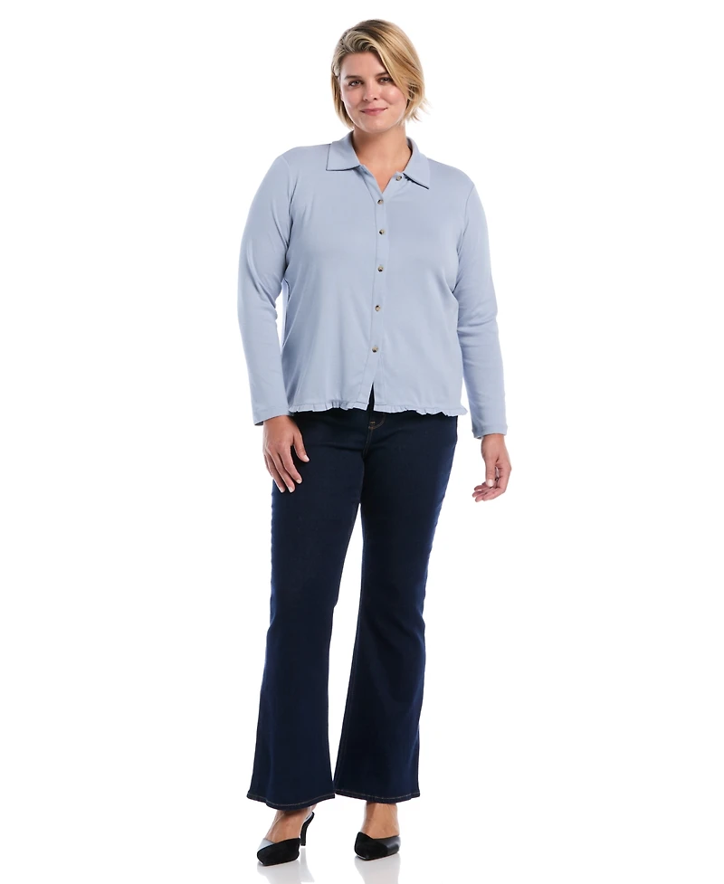 Rafaella Plus Long-Sleeve Point Collar Ruffle-Trim Top