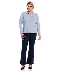 Rafaella Plus Long-Sleeve Point Collar Ruffle-Trim Top