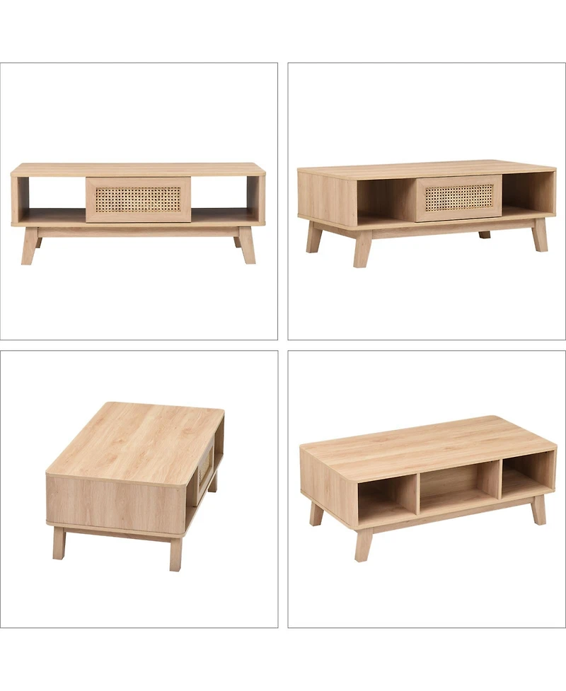 flynama Mid-Century Square Coffee Table with Rattan Drawer and Solid Wood Legs