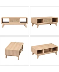 flynama Mid-Century Square Coffee Table with Rattan Drawer and Solid Wood Legs
